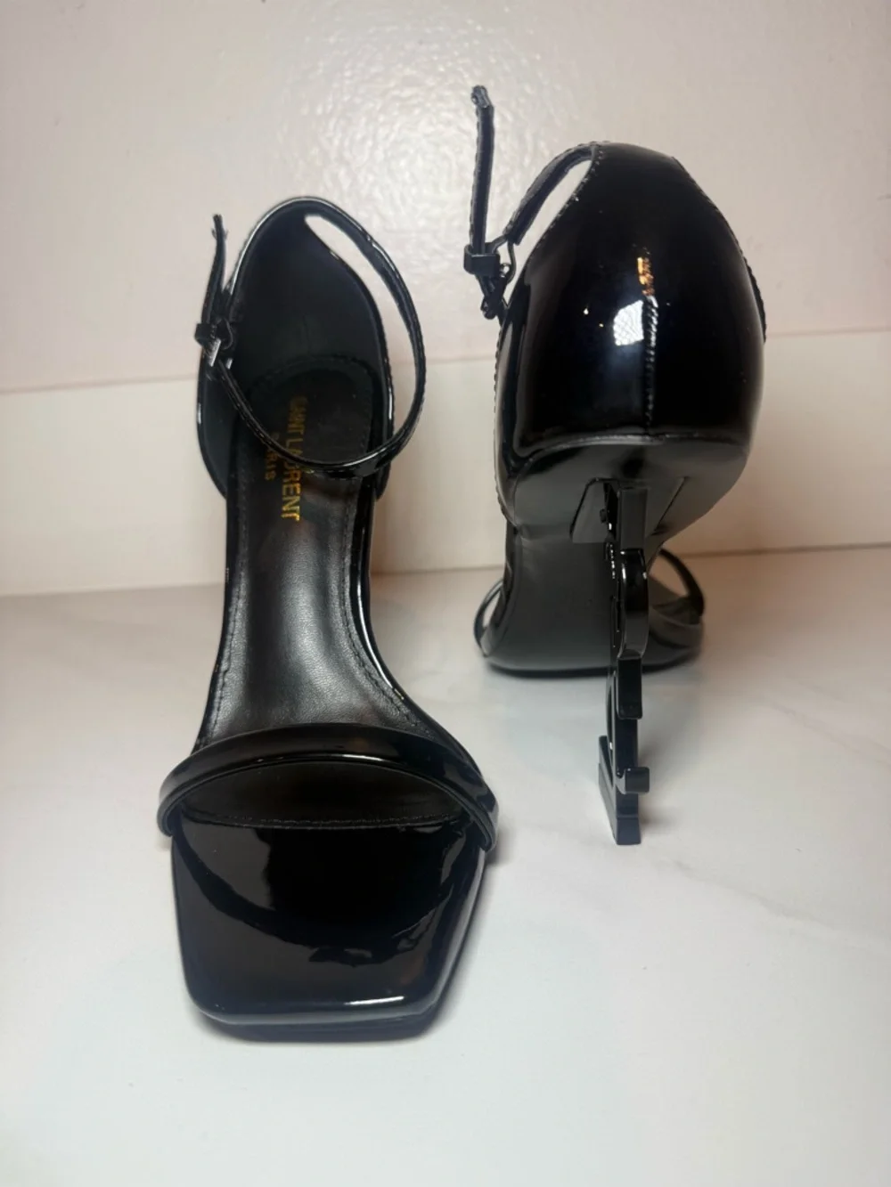 Saint Laurent Black Patent Logo-Heel Ankle-Strap Sandals - Picture 6 of 8